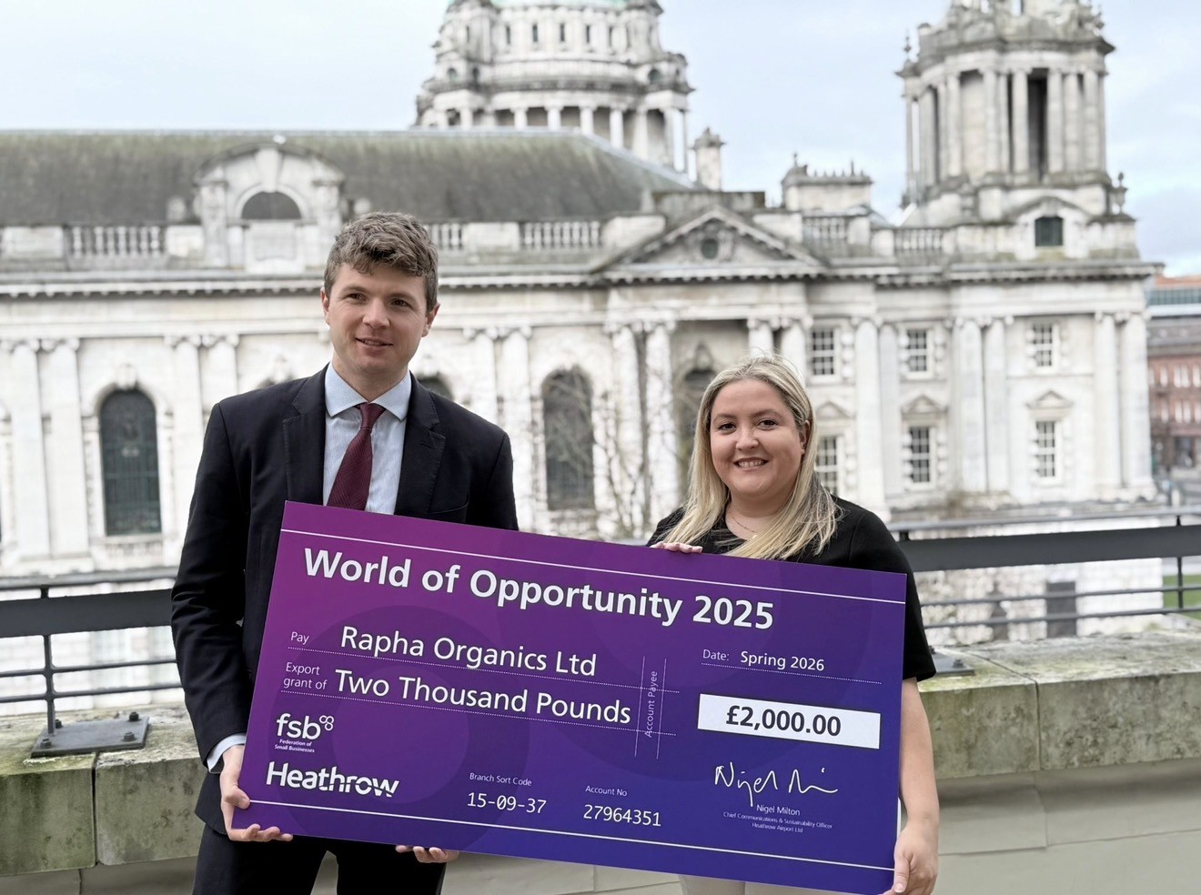 Stephanie with the Heathrow World of Opportunity 2025 award cheque