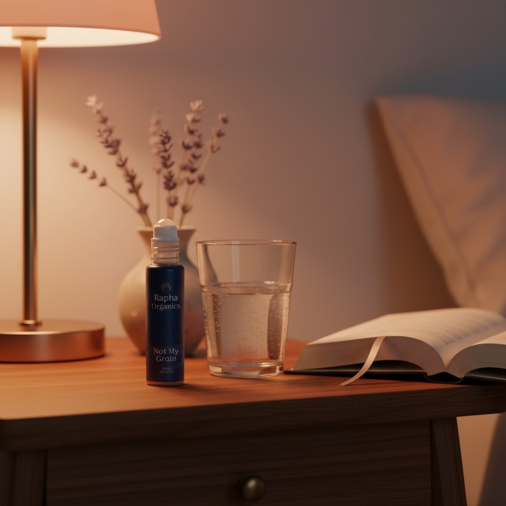 A calm bedside table with botanical balm and a book in warm evening light