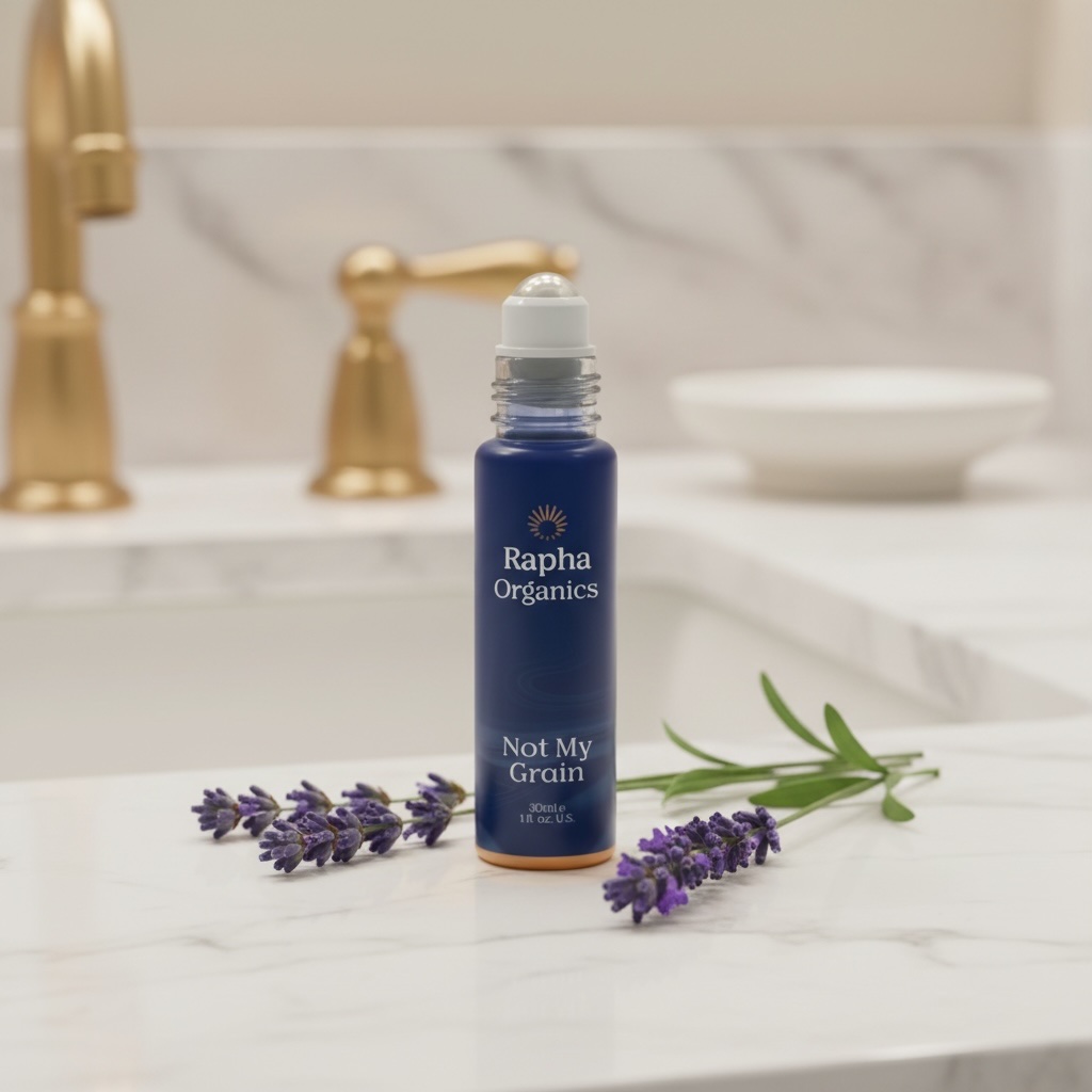 Not My Grain botanical roll-on on a marble bathroom counter with fresh lavender