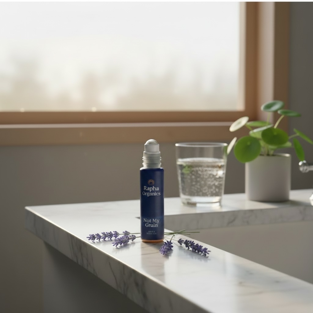 Not My Grain roll-on on a marble bathroom shelf by a sunlit window